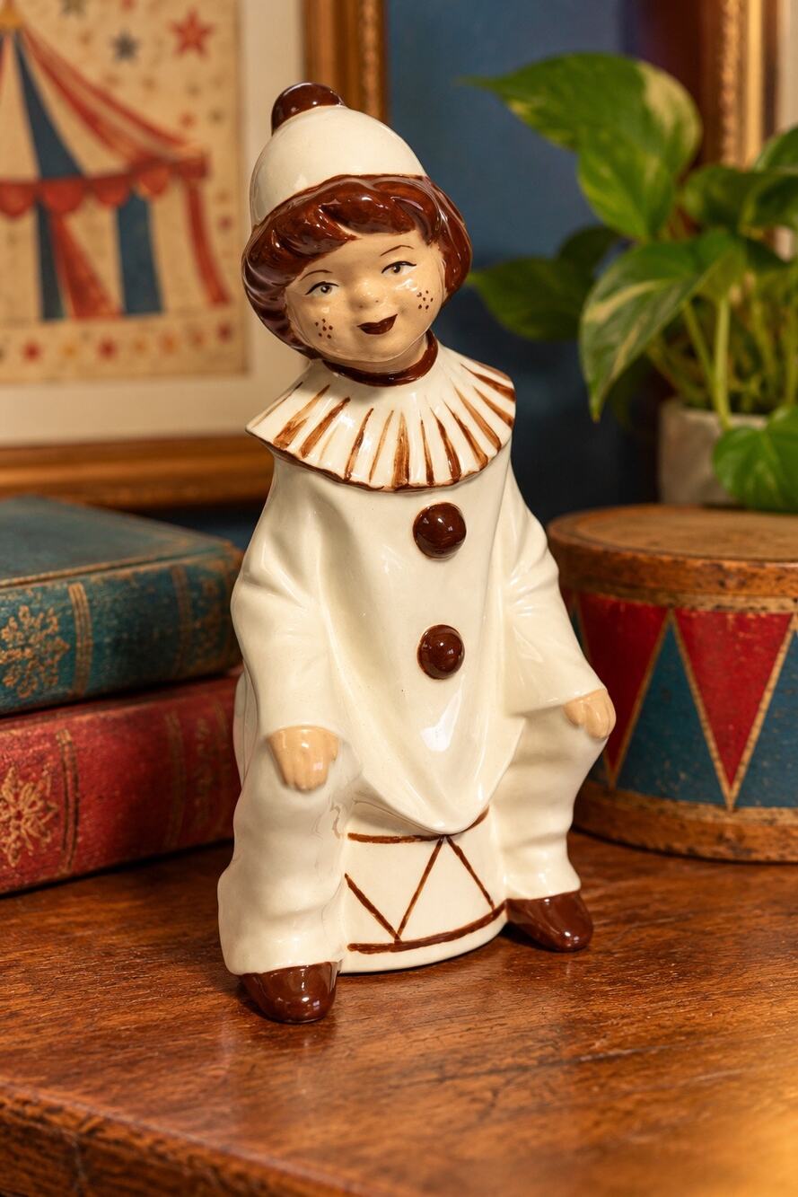 Vintage Ceramic Clown Figurine Seated on Drum Incised MP Mark 7 Inch Rare